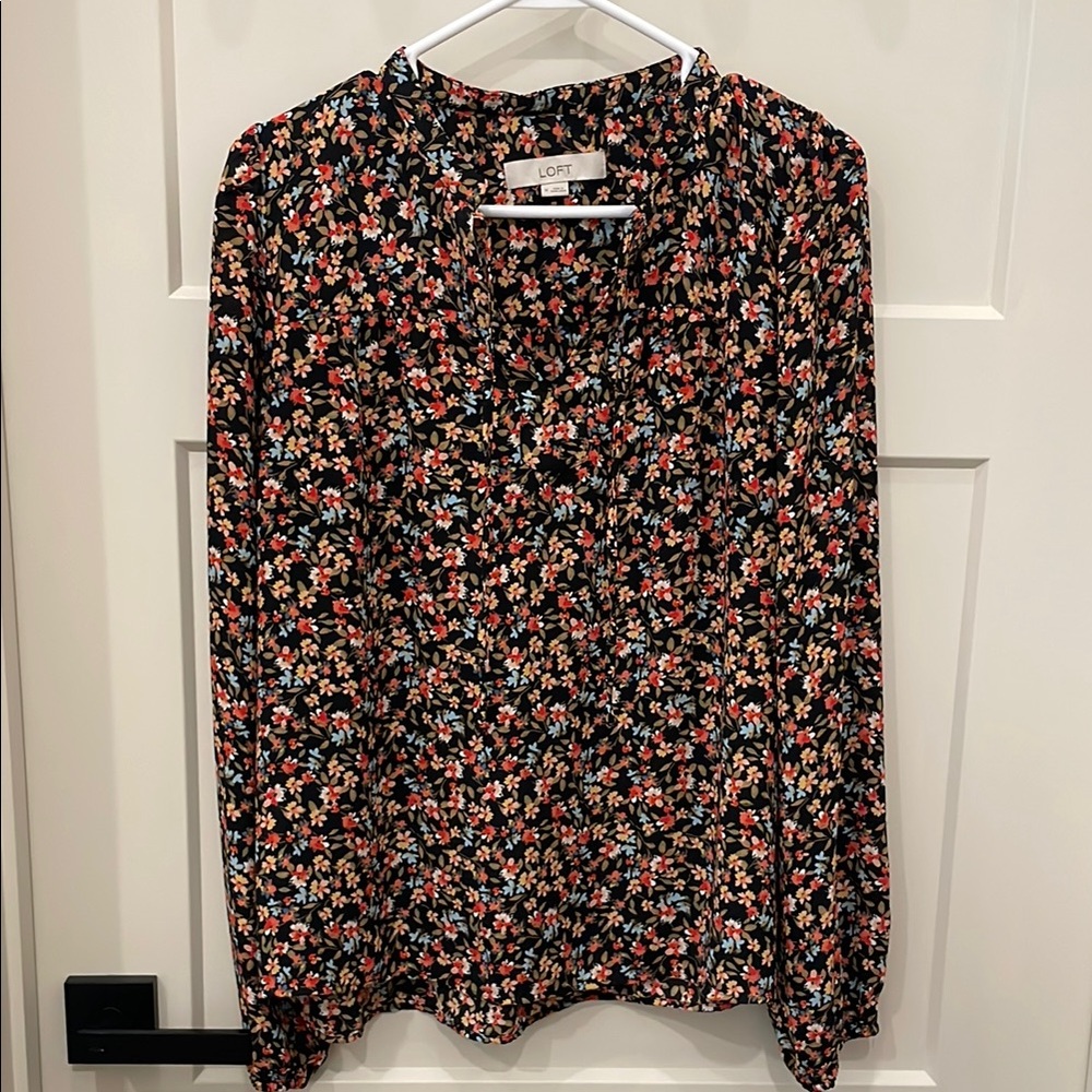 LOFT Black Pink Graphic Long Sleeve Blouse